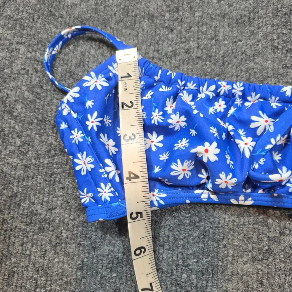 Blue Daisy M Floral Print Bikini‎ Top Ruched Front Tie Bralette Swimwear Womens